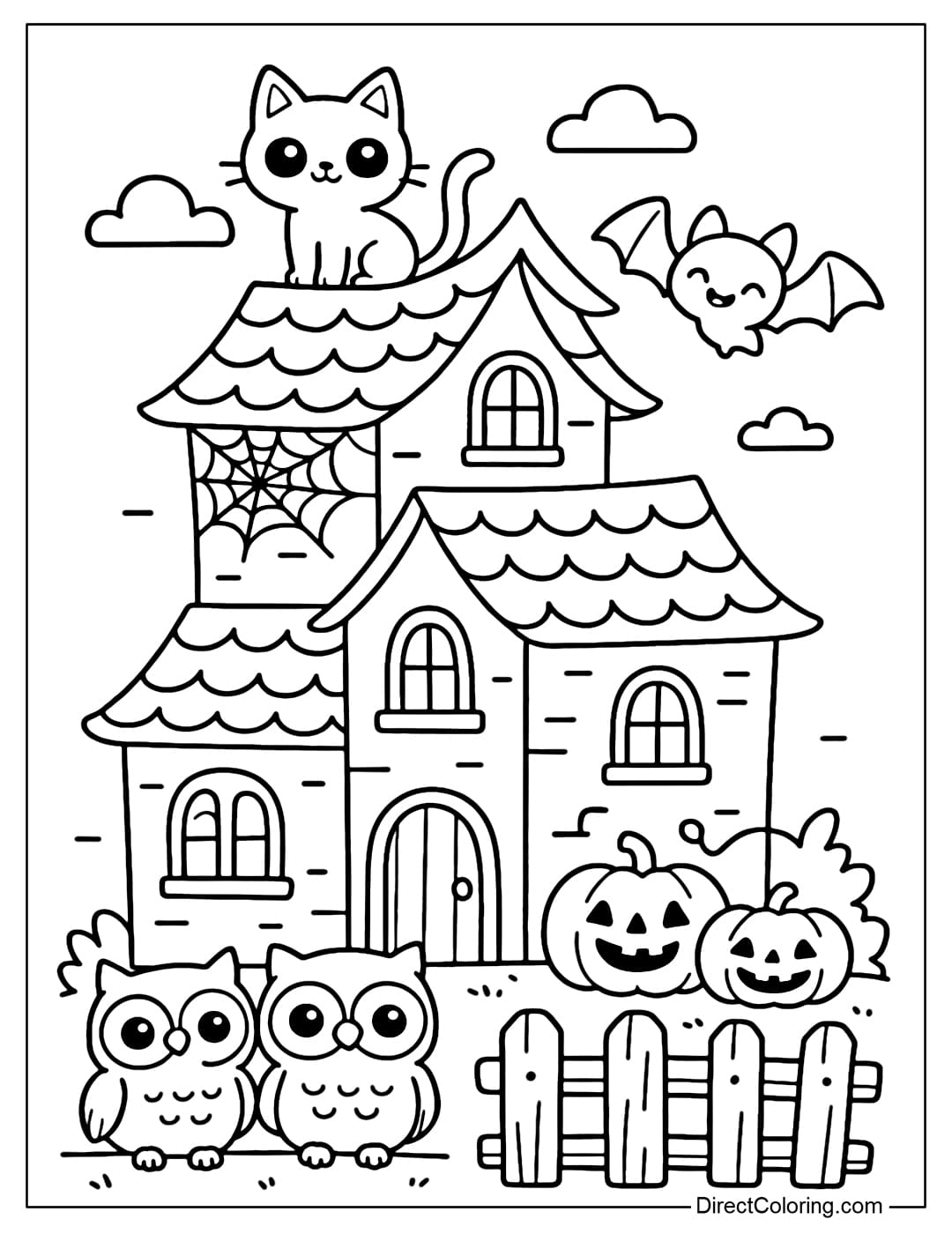 A haunted house coloring page, with a black cat on the roof, a pair of owls below, and a few Jack-o-lantern pumpkins.