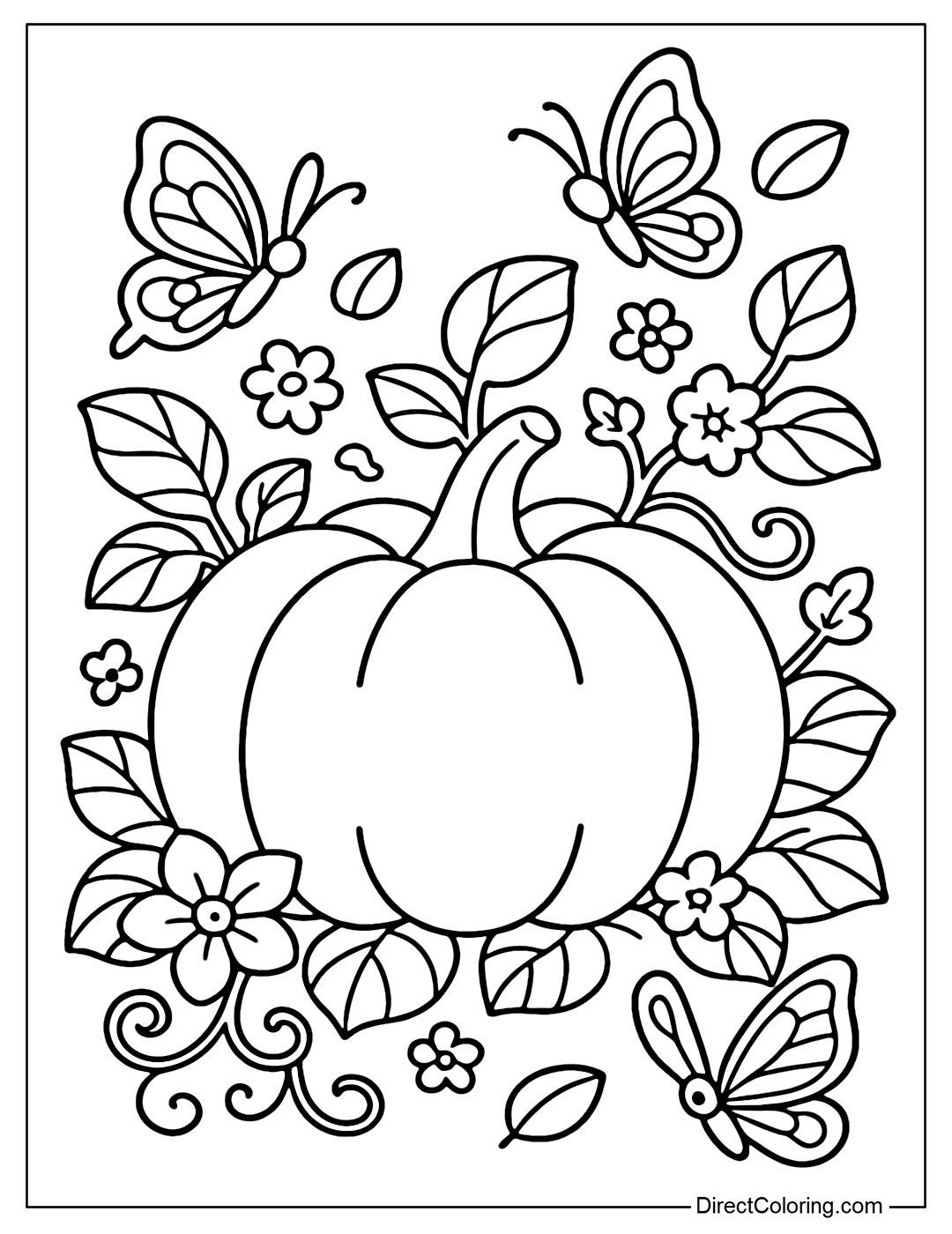 A large pumpkin coloring page nestled among green leaves and spiral vines, a few small pumpkin flowers interspersed on the leaf stems. Two butterflies fly around.