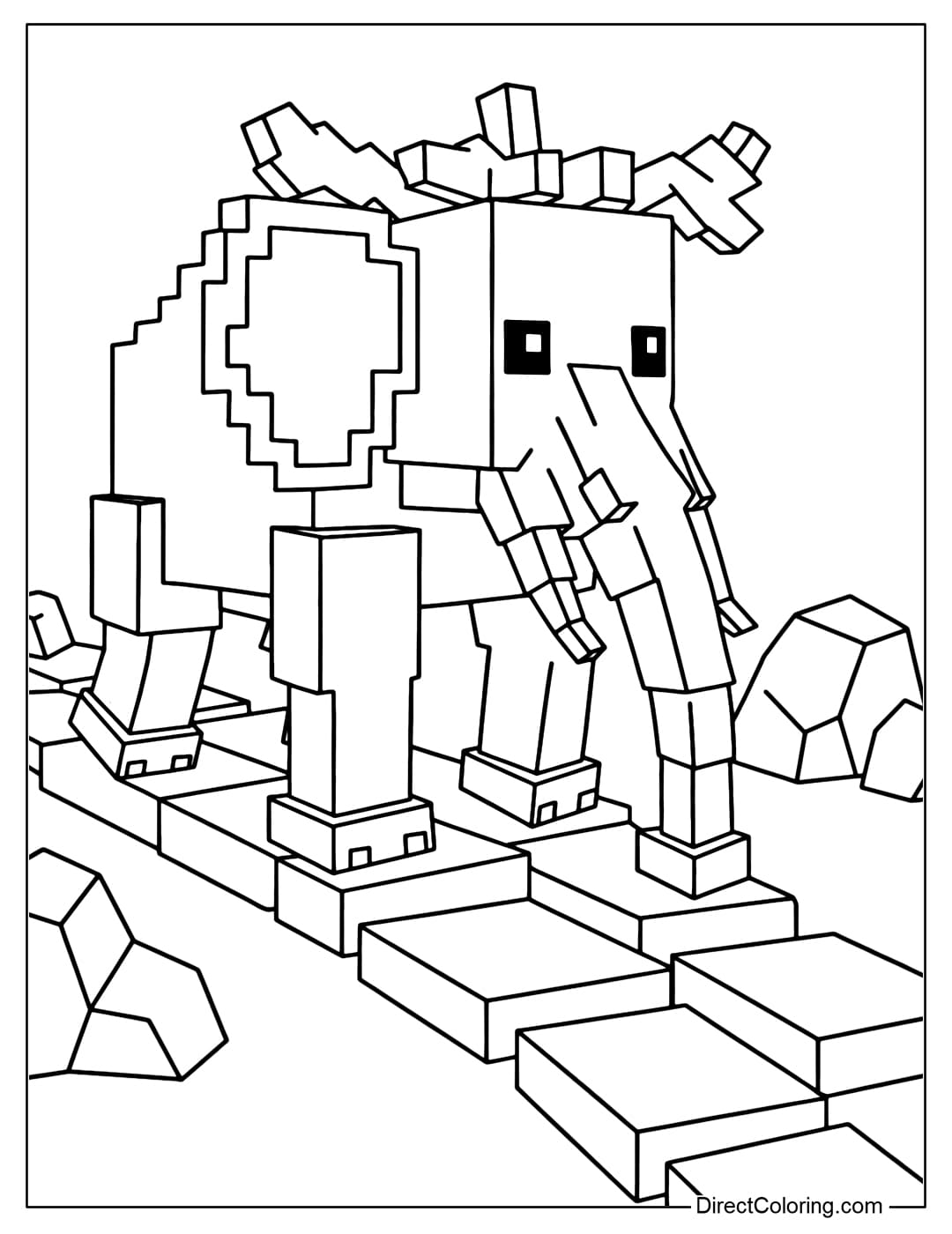 Strawberry Elephant Coloring Page walking on a path made of large lego blocks, on both sides are some rocks.