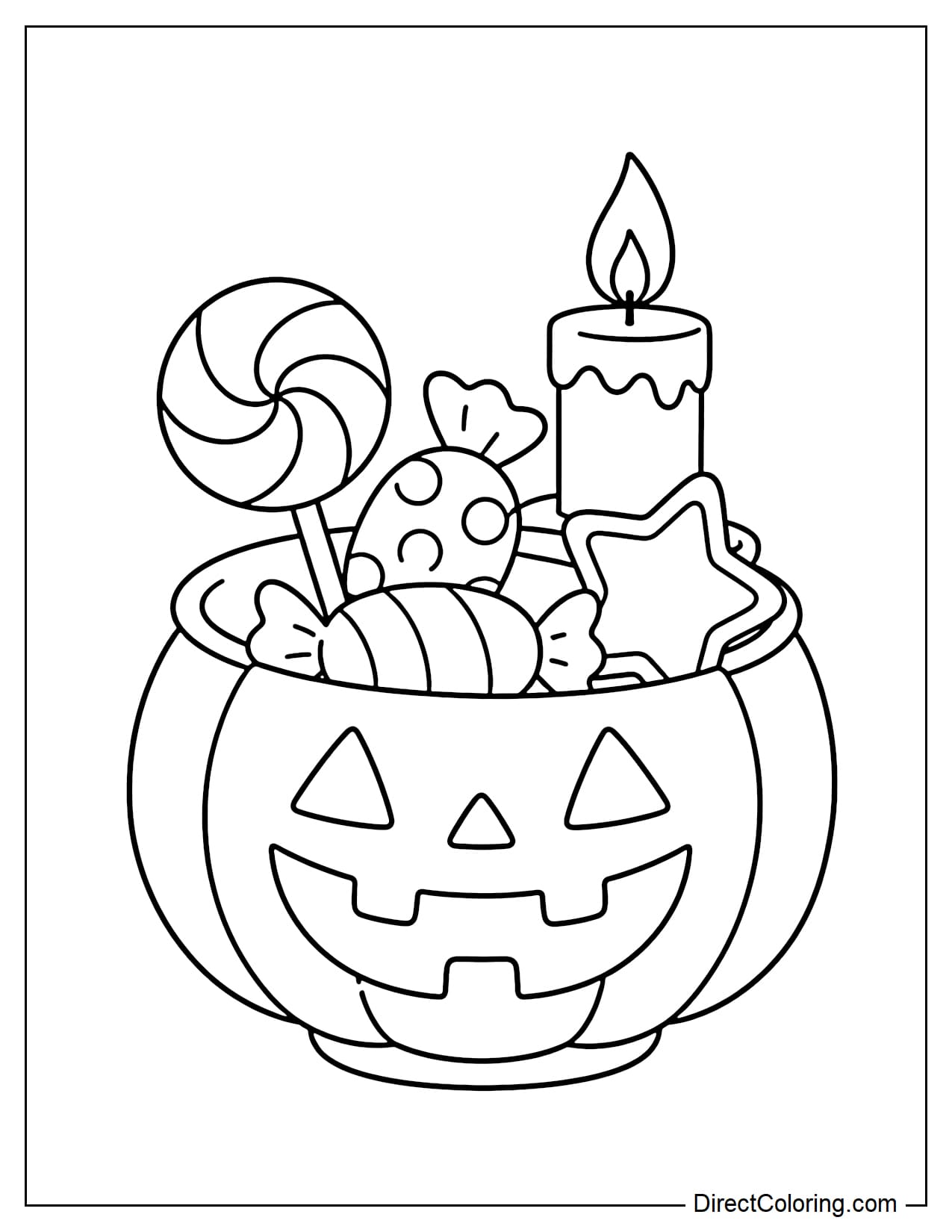 A Halloween candy bowl shaped like a jack-o'-lantern, filled with several large candies in different shapes, with a small candle behind it.
