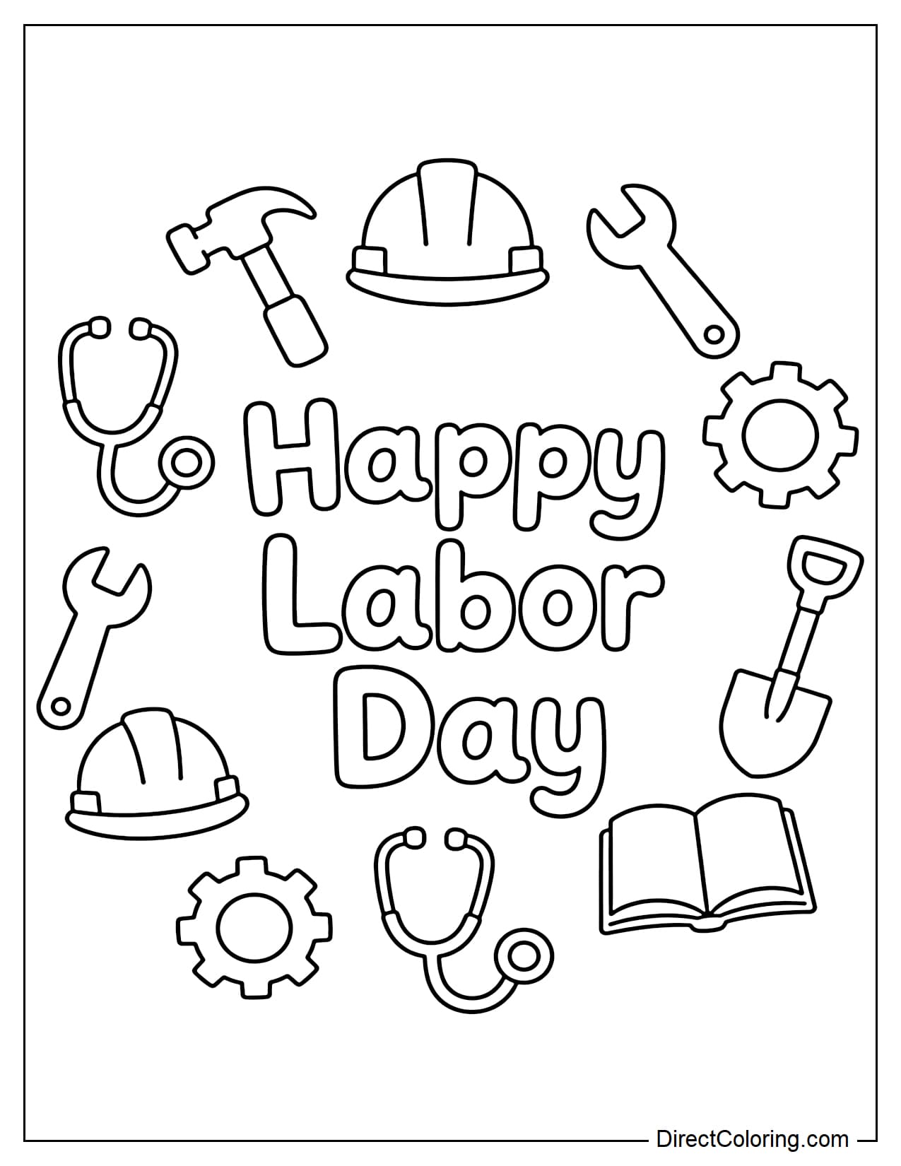 A circular wreath made from simple labor tools such as a hammer, wrench, safety helmet, gears, shovel, book, and stethoscope, with the words 