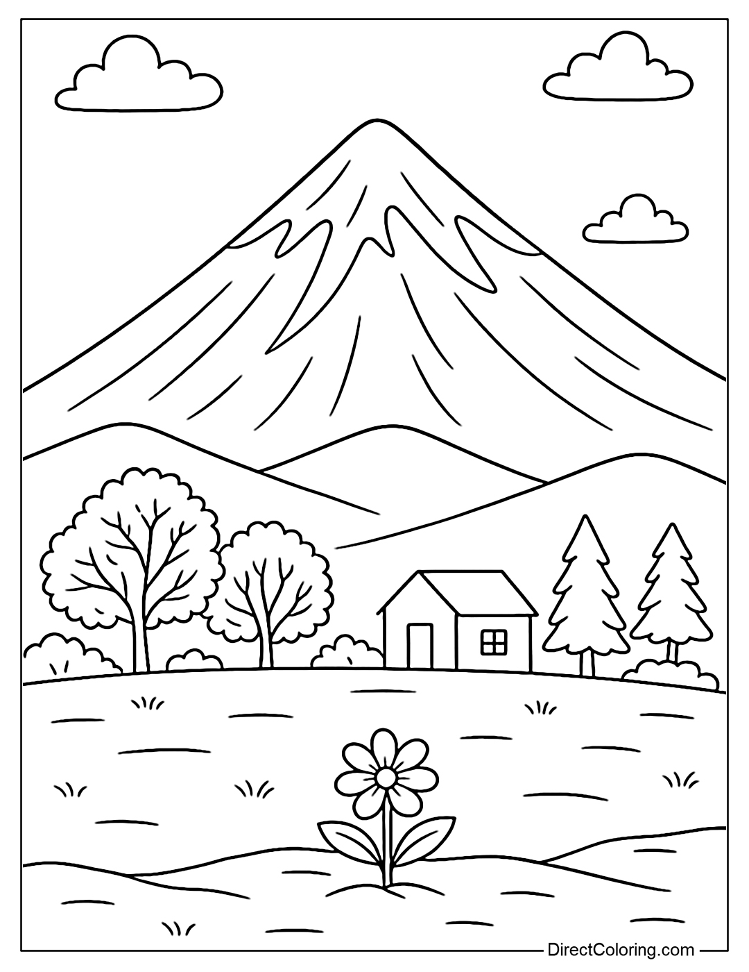 Coloring page of snow-capped Mount Damavand, with trees and small houses below.