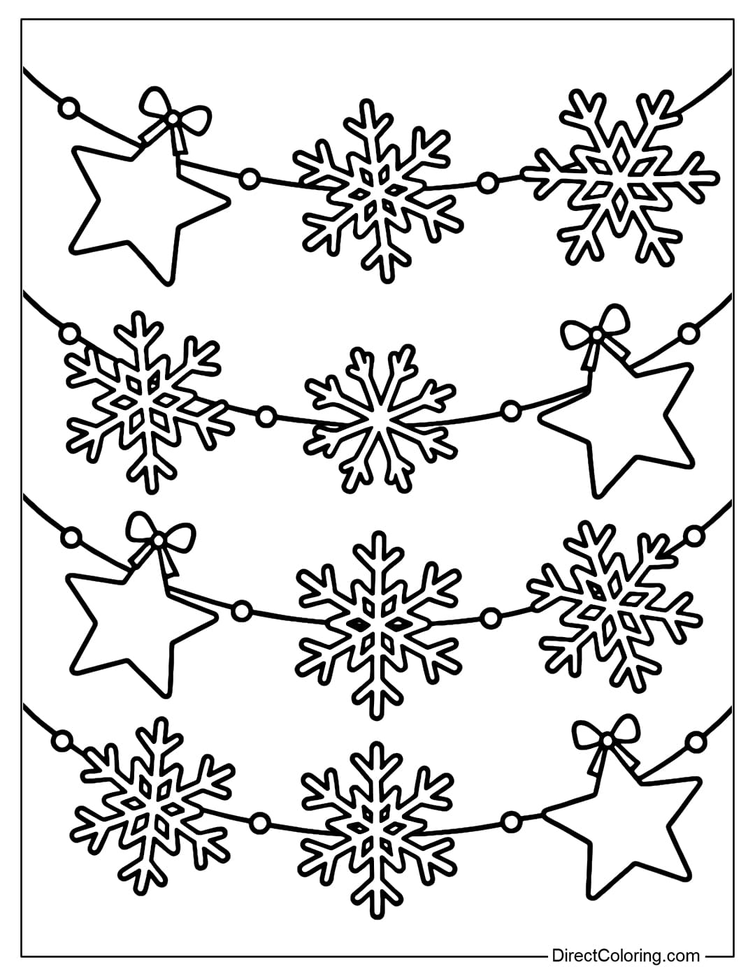Coloring page with 5-pointed star and 6-pointed snowflake interwoven with small round beads between the items.