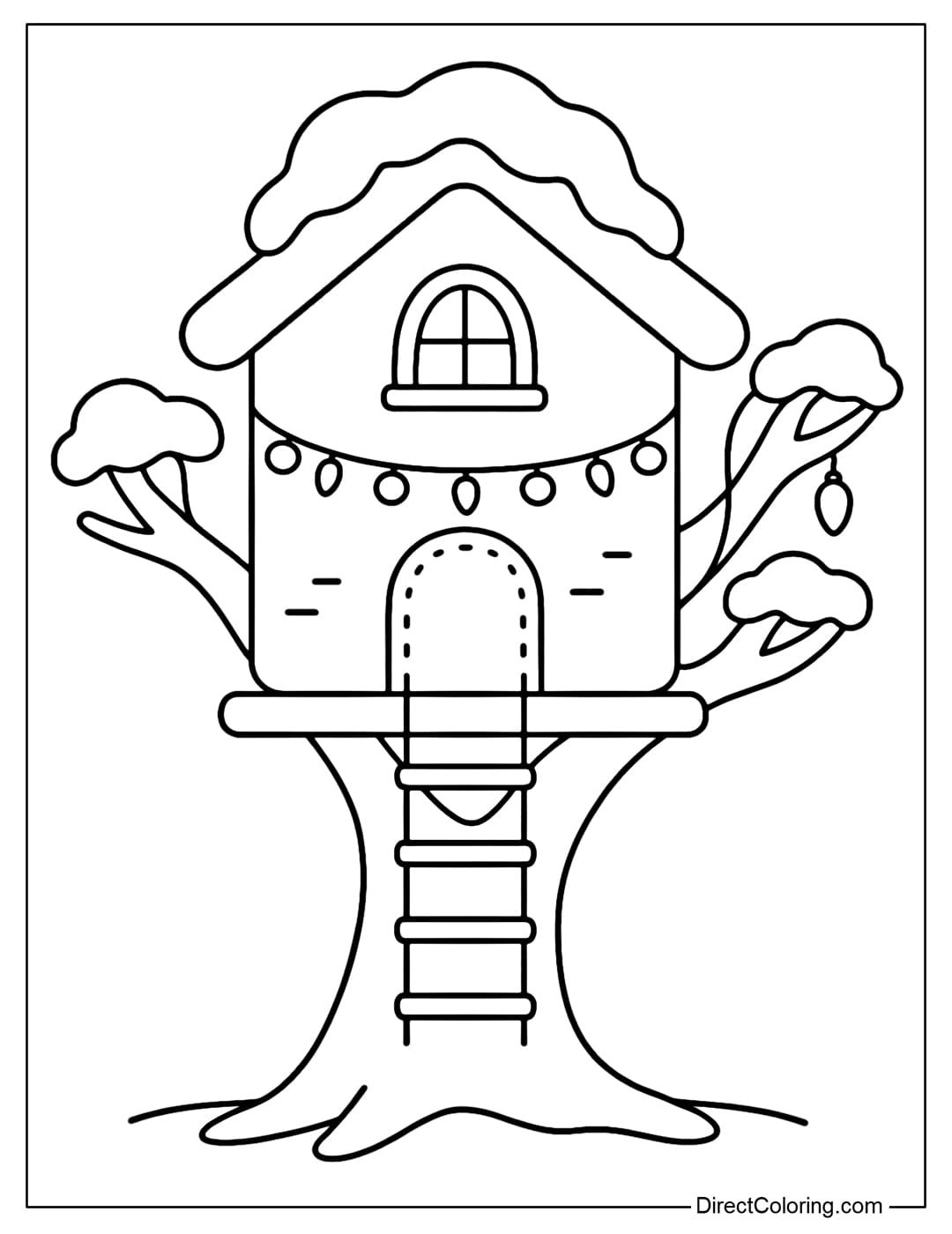 A gingerbread house coloring page on a tree, with a rope ladder, candy cane lights hanging around, and snow covering the branches.