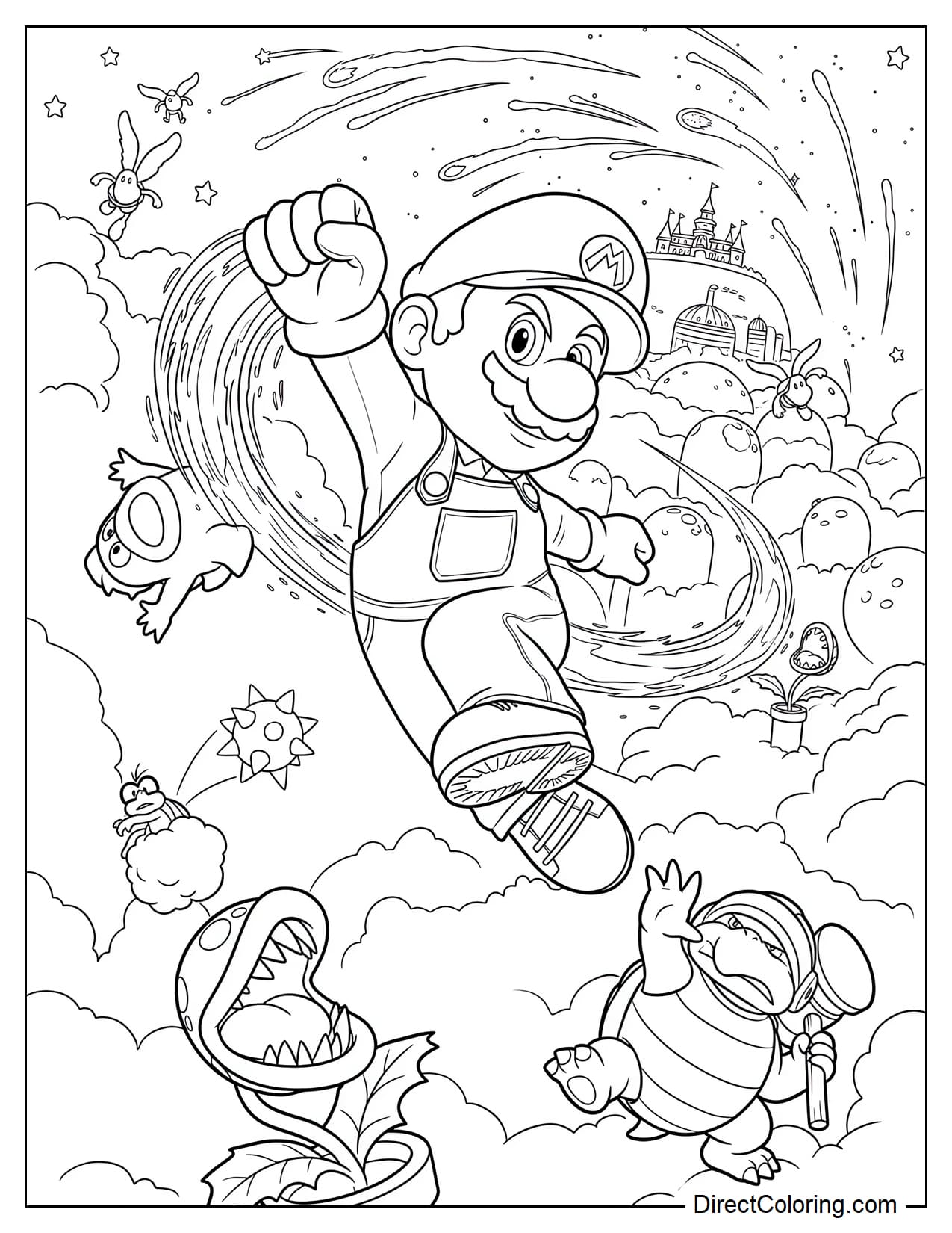 Mario swings his fist powerfully as he performs a spinning jump through the air, dodging a Piranha Plant, a Hammer Bro, and a dazzling meteor shower behind him.