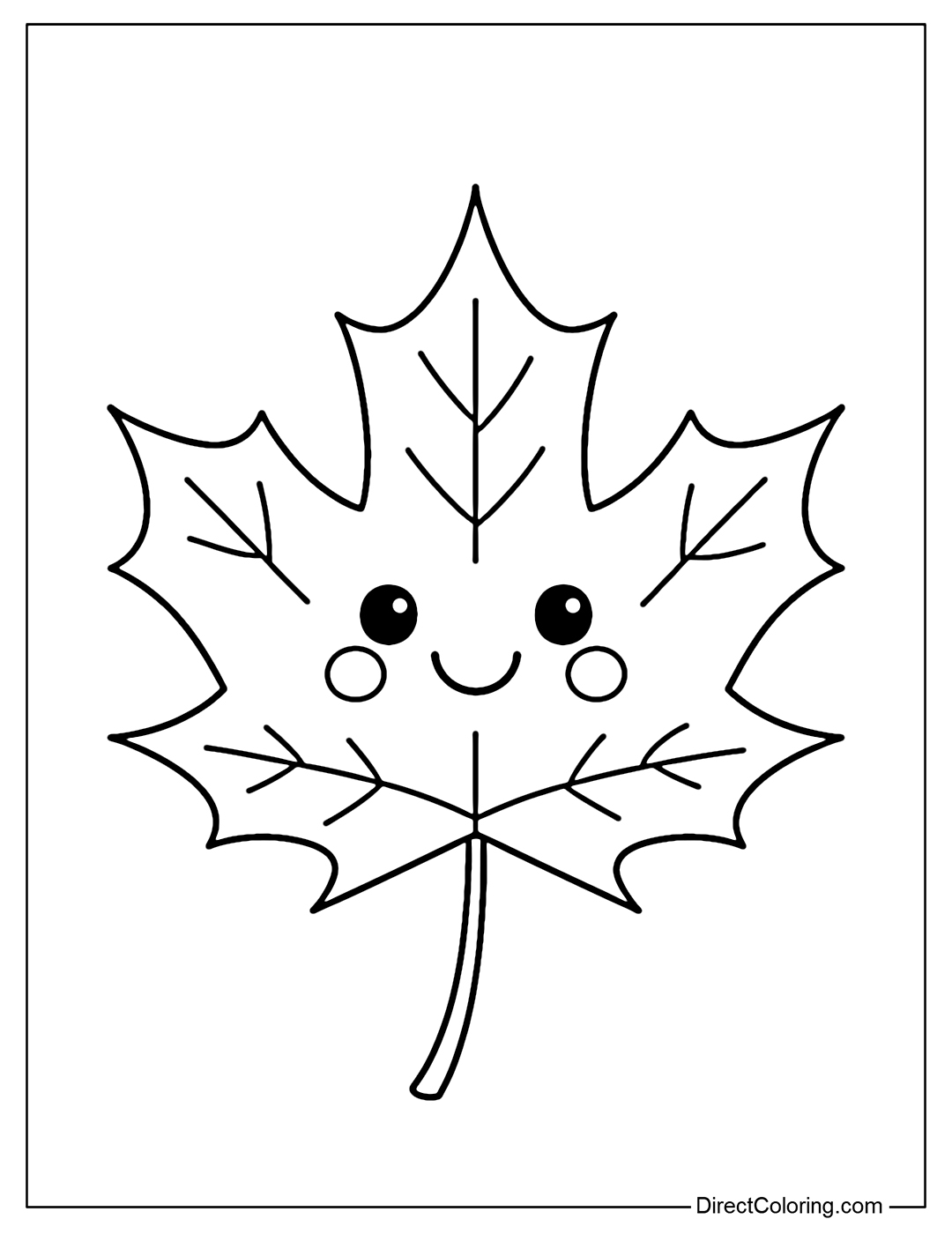 A large maple leaf coloring page with a cute smiling face.