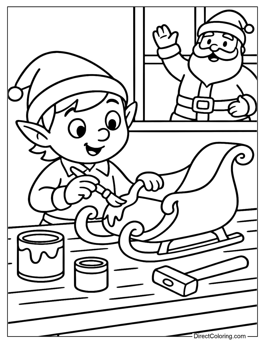 Coloring page Elf is painting Santa's sleigh, paint can and wooden hammer on the table, in the distance Santa is waving.