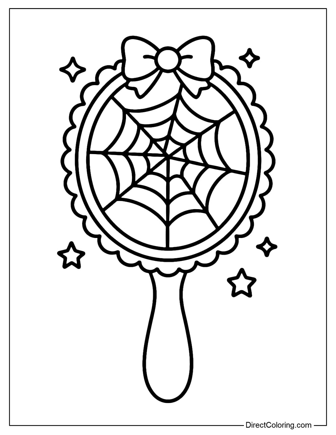 Coloring page for a hand-held makeup mirror with a spider web lace frame, a bow and a small star around it.