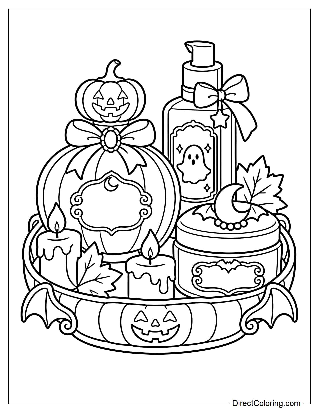 A large Halloween perfume tray is shaped like a jack-o'-lantern with bat-wing handles. It holds a round perfume bottle with a pumpkin-shaped cap, a lotion bottle with a ghost label, a low cream jar with a crescent-moon and bat-wing lid, and two small dripping candles.