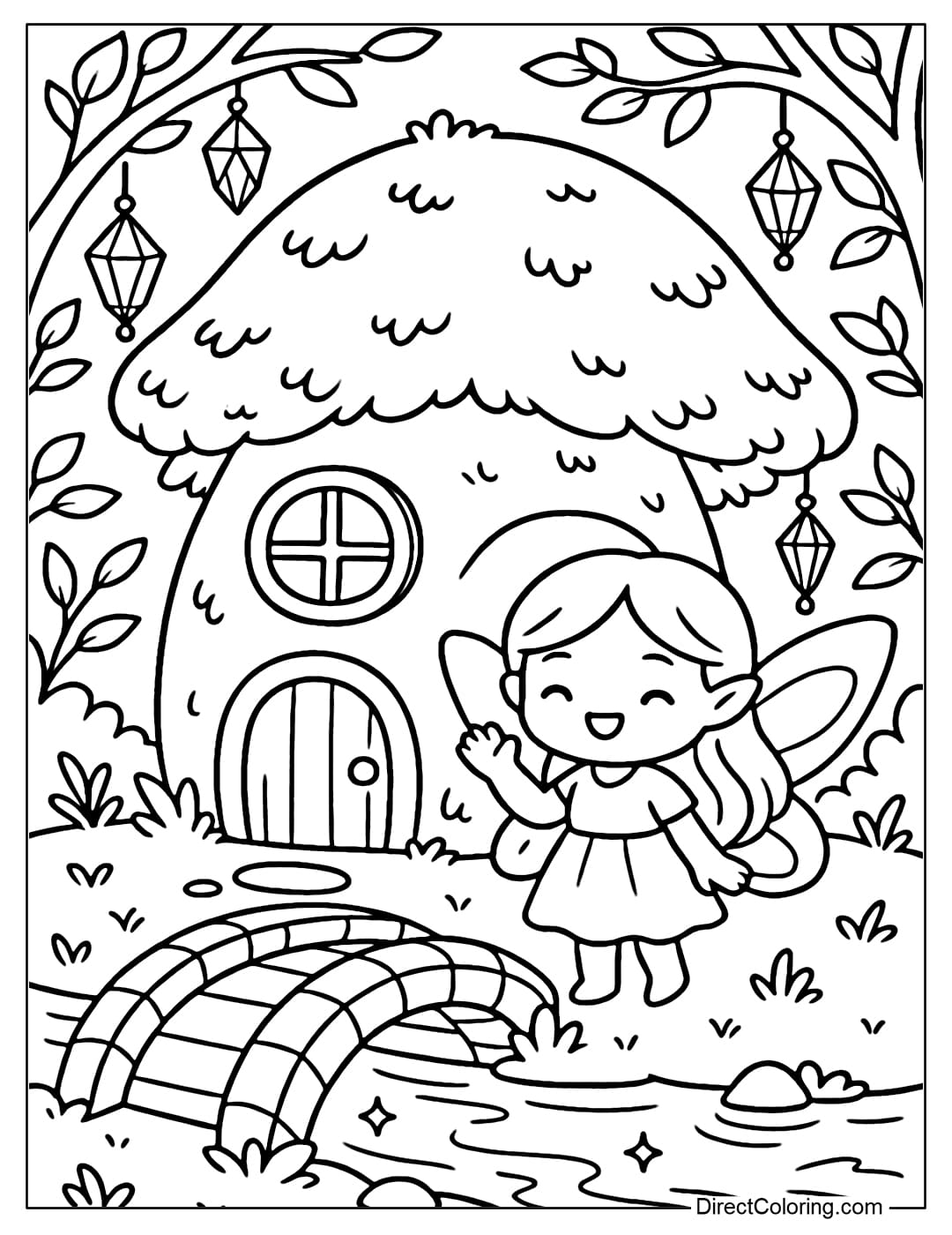 A round mushroom house coloring page, a cute round window, a smiling fairy standing in front of the door.