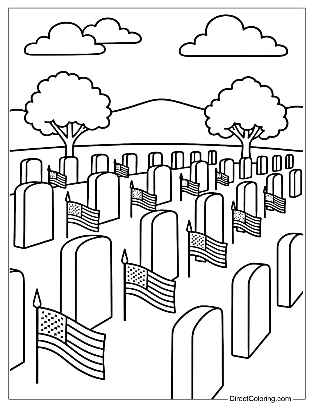 Coloring page of an Arlington Cemetery scene, rows of white graves with American flags on each grave.