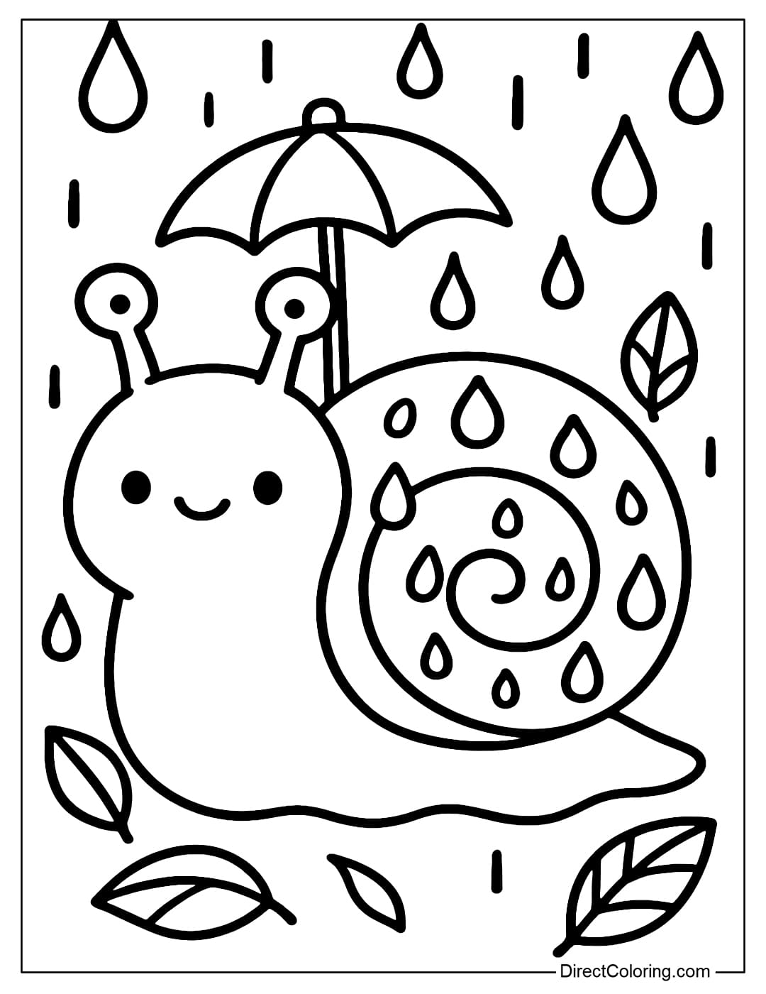 Coloring page of a snail wearing a tiny umbrella to protect itself from the rain, its shell sparkling with water drops, surrounded by round raindrops.
