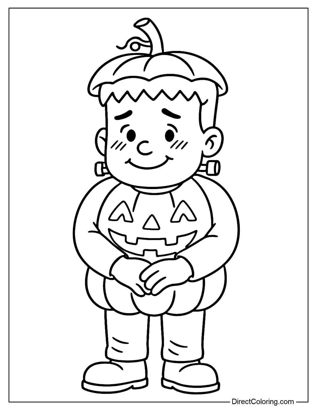 A coloring page of Frankenstein wearing a pumpkin costume, a shy but cute face.