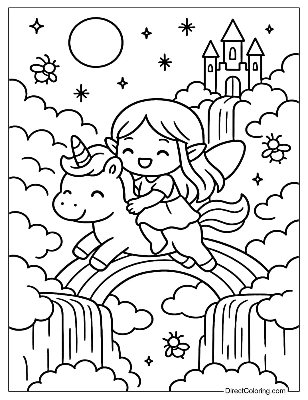 A coloring page of a fairy riding a small unicorn, both laughing happily, with a soft rounded rainbow in the background.