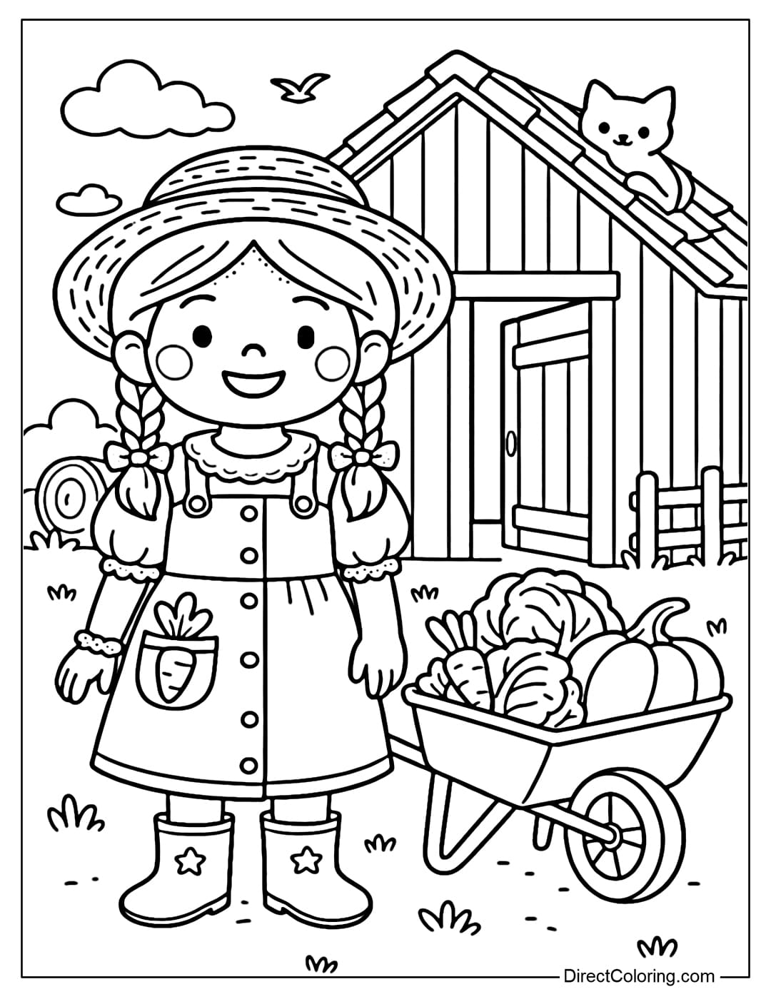 a farm girl coloring page standing in front of a wooden barn, next to a wheelbarrow full of vegetables such as carrots, cabbage and pumpkin.