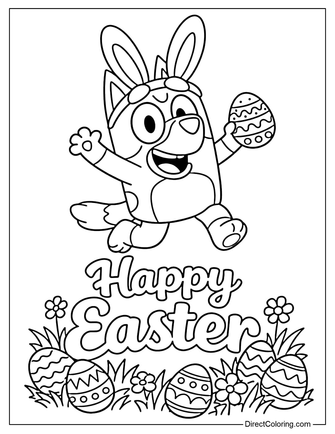 Coloring page: Bluey, wearing bunny ears, is jumping up, holding an Easter egg, with the word 