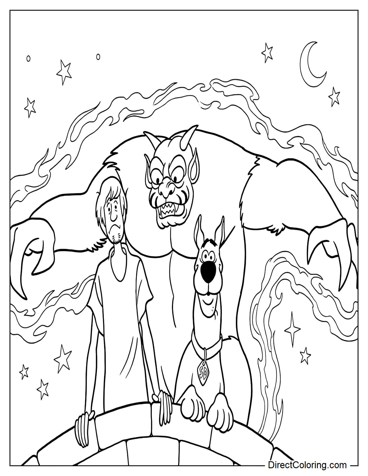 Shaggy and Scooby-Doo are standing close to a brick wall while a large monster with a fierce expression appears behind them.