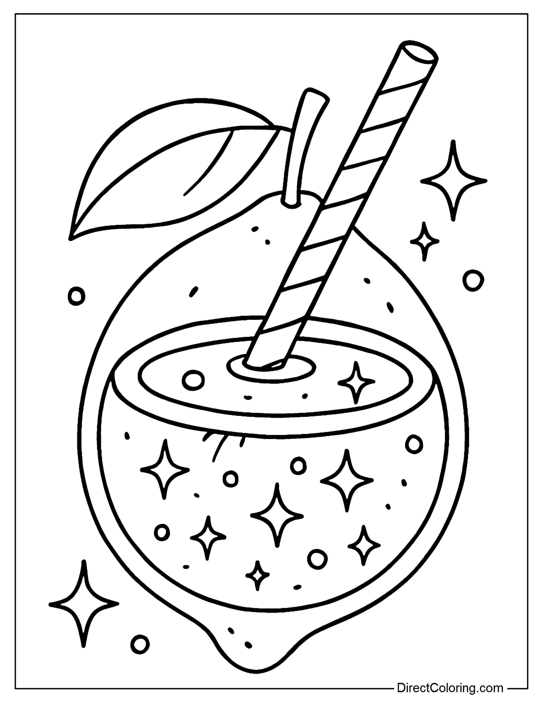A whole lemon coloring page with iridescent yellow juice, with a sparkling circle where the straw is stuck.