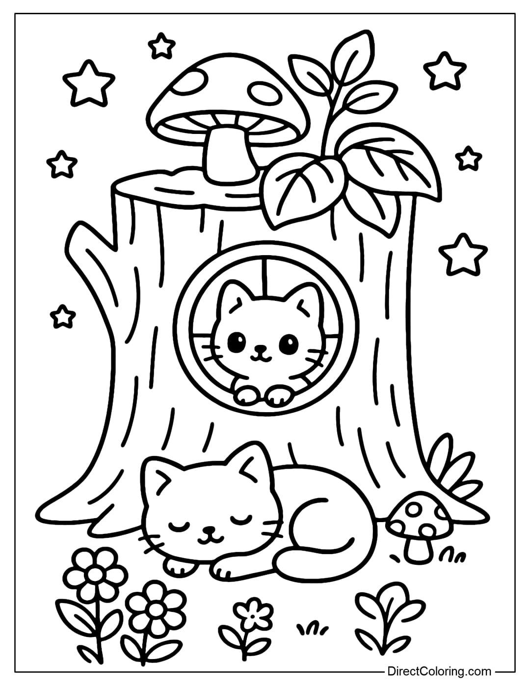 Starry Cat Stump Coloring Page A tree stump coloring page with a round window with a light, a kitten looking out.