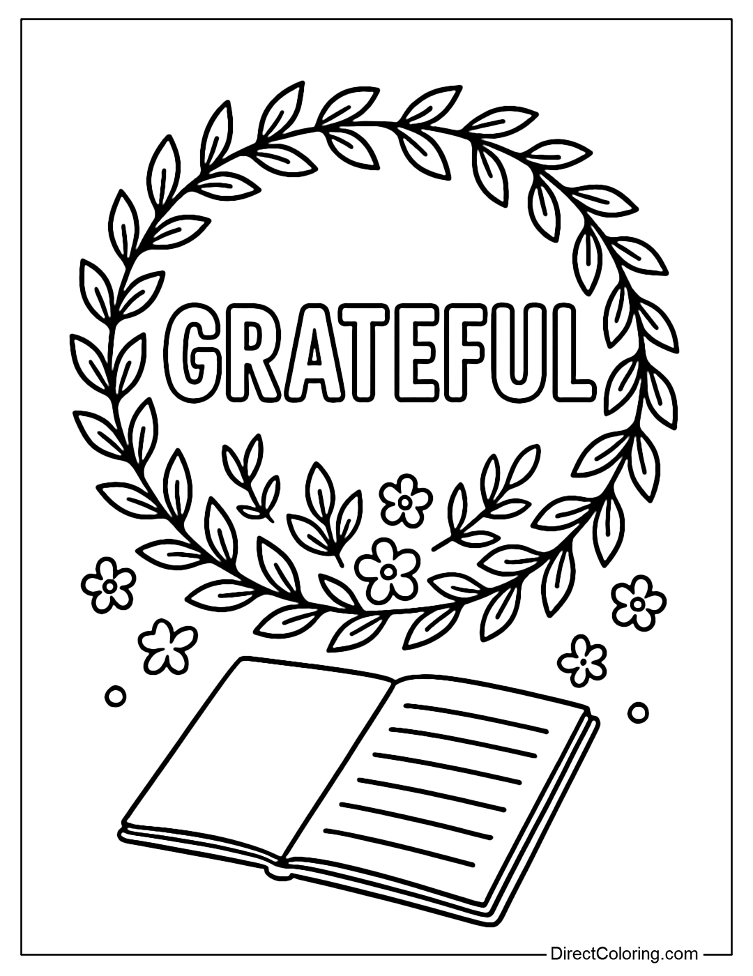 Grateful coloring page is placed in a simple wreath of leaves, below is a notebook.
