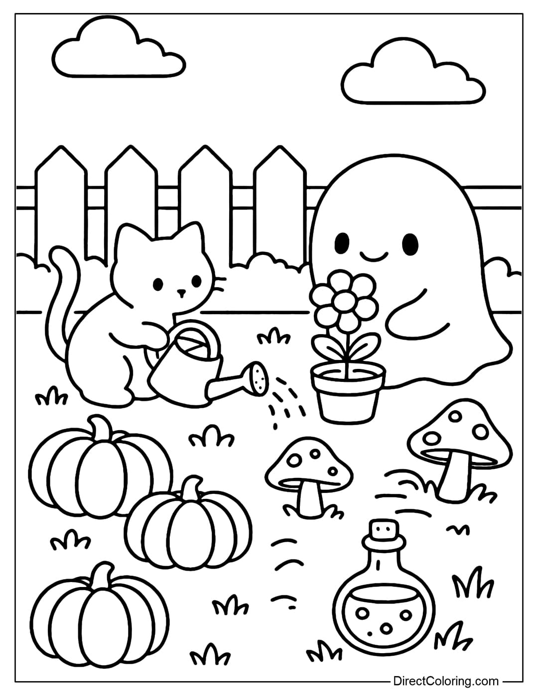 A backyard garden coloring page, full of pumpkins, glowing mushrooms and magic potions, a black cat watering the plants and a ghost sitting and watching the flowers.