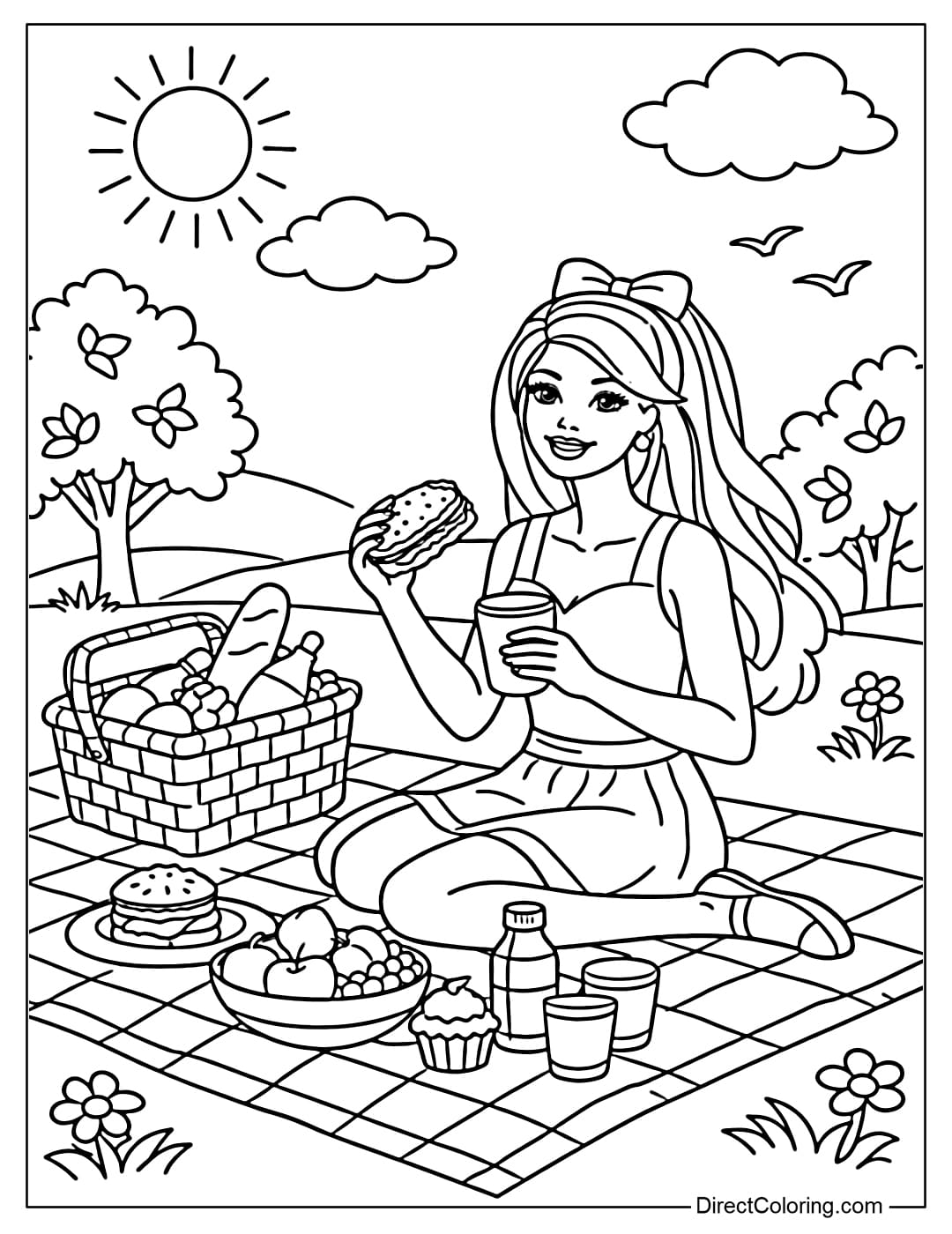A coloring page of Barbie having a picnic outdoors with a food basket and a grass mat.