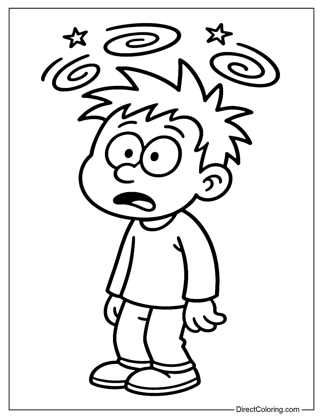 Character coloring page spinning head dizzy, funny bewildered expression.