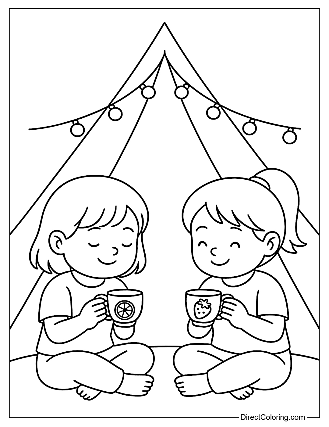 Coloring page of two girls sitting in a tent, drinking fruit tea, with small string lights hanging above.