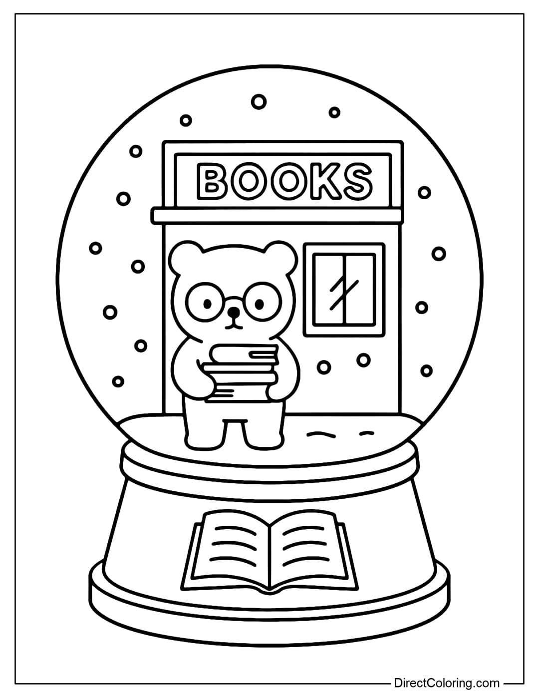 A snow globe coloring page featuring a bear cub wearing round glasses, hugging a stack of books in front of a mini bookstore with a BOOKS sign.