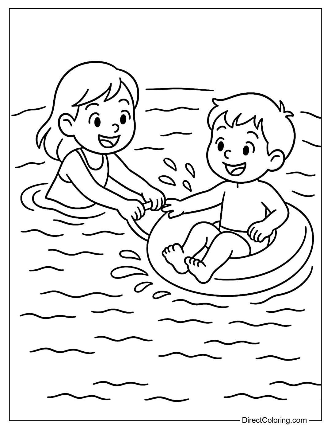 Coloring page of siblings swimming together in the pool, one pulling the float, one sitting and playing in the water.