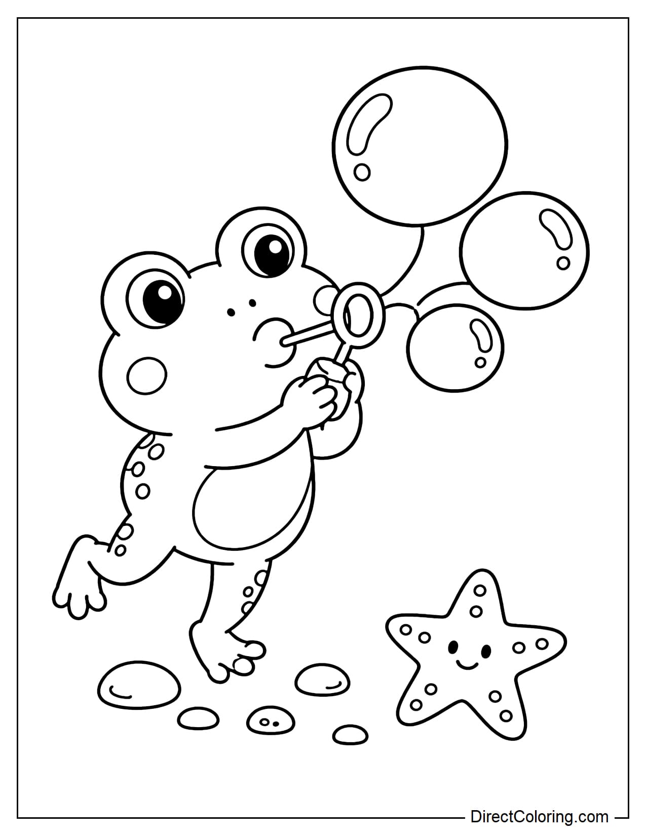 A mischievous frog is blowing three large round bubbles, with small pebbles and a water star below.