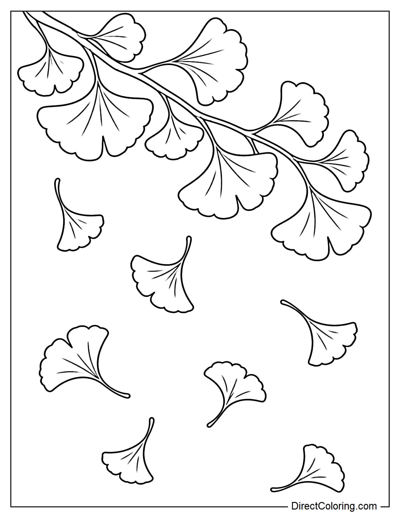 A gently curved ginkgo branch extending from the upper corner with several large fan-shaped leaves, while a few leaves have detached and are falling through the air.