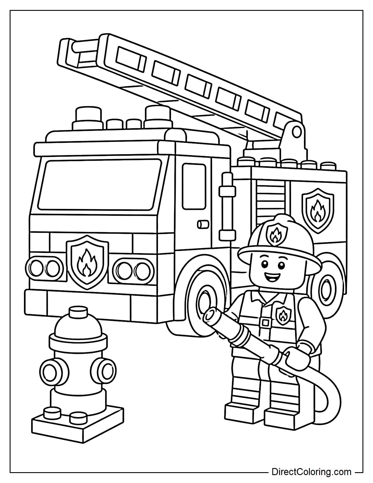 A large LEGO fire truck is in the center with a simple ladder on top, next to a smiling LEGO firefighter.