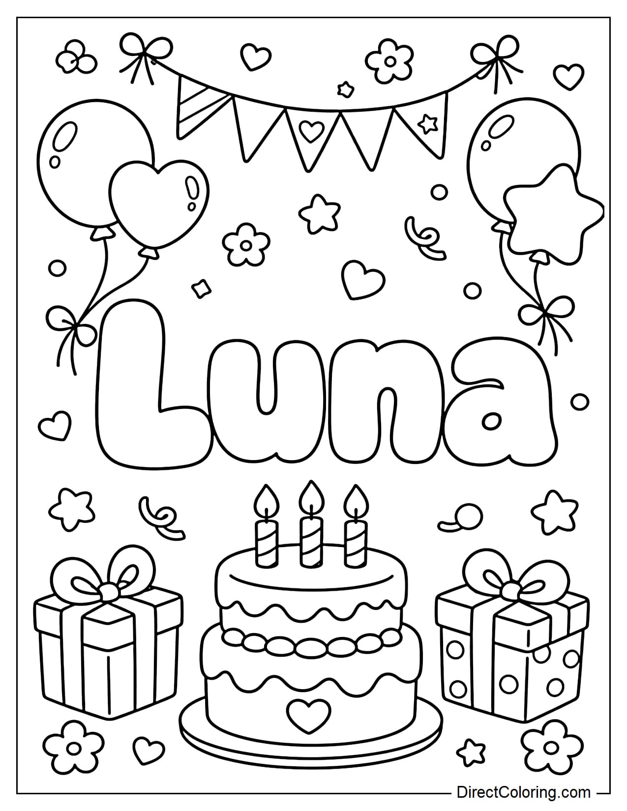 Coloring page of Luna's name with large balloon lettering, decorated with a birthday cake, balloons, gift boxes, banners, and confetti.