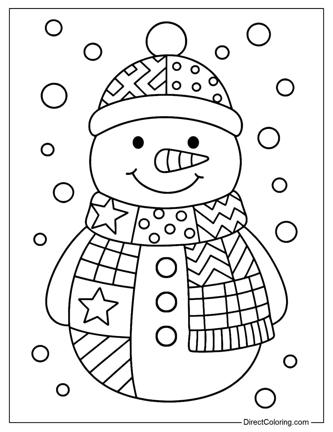 Patchwork coloring page A snowman with a colorful patchwork scarf, each large square with geometric patterns.