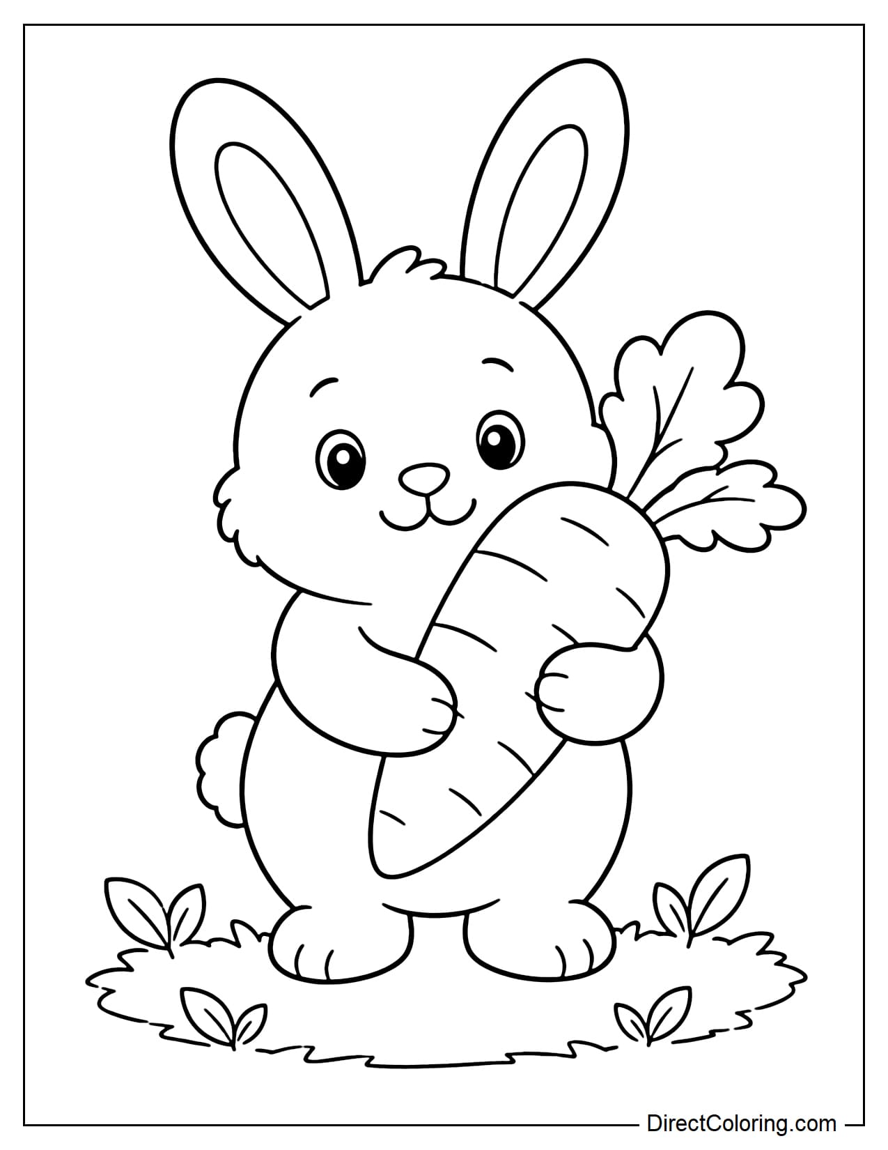 A small rabbit hugs a large carrot against its chest with both paws, smiling sweetly, with a small patch of grass beneath its feet.