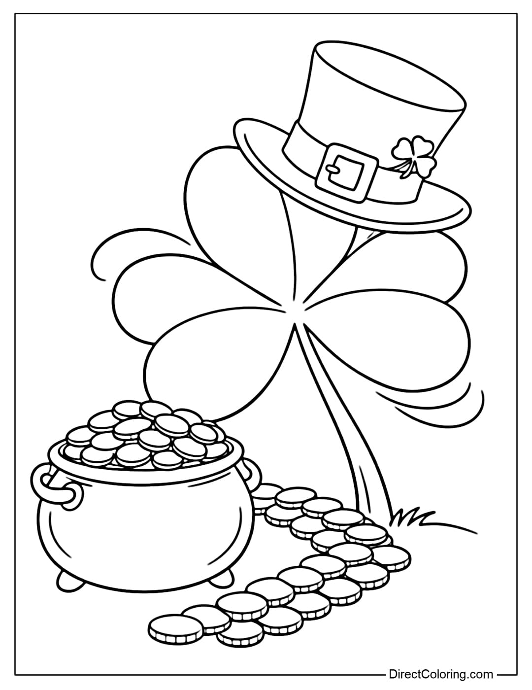 Coloring page of a large shamrock standing slightly tilted, wearing a green St. Patrick's Day hat, next to a pot of gold with coins.