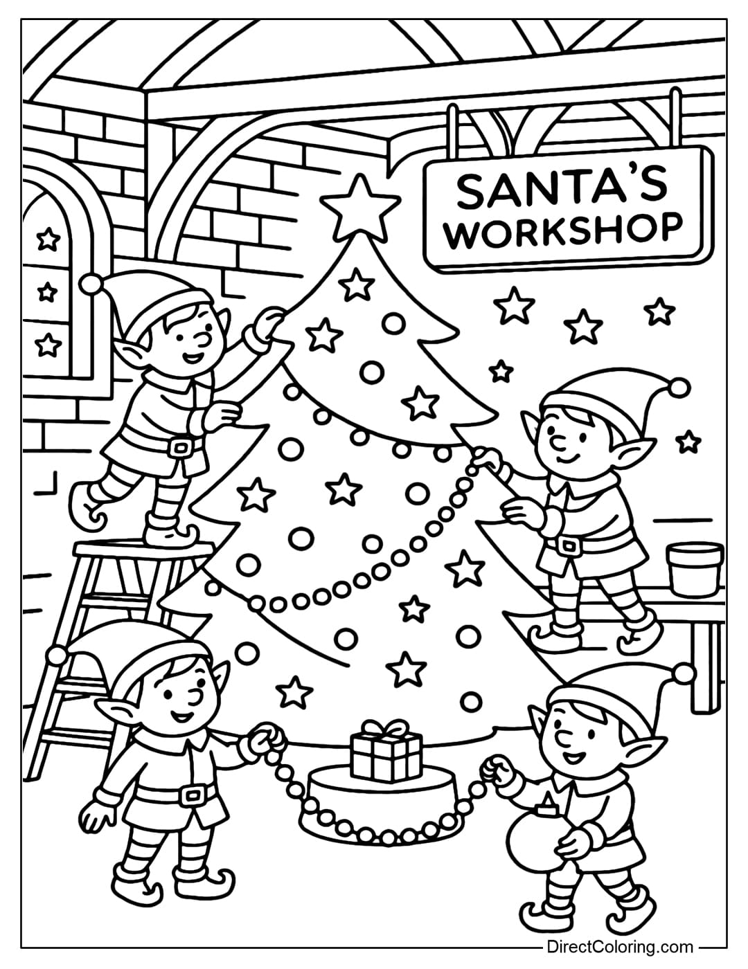 A coloring page of Santa's workshop, where little elves are decorating the tree.