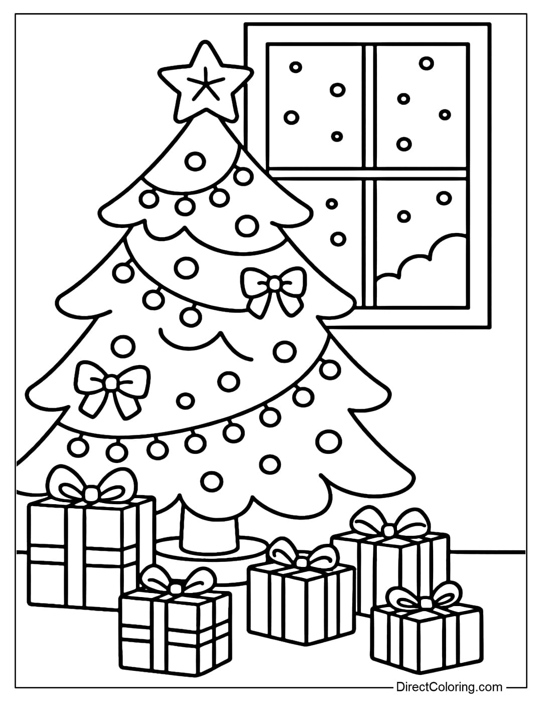 A gorgeous Christmas tree coloring page in the middle of the room, with lights, bows, gift boxes, and a bright star on top, with a window frame of light snow falling in the background.