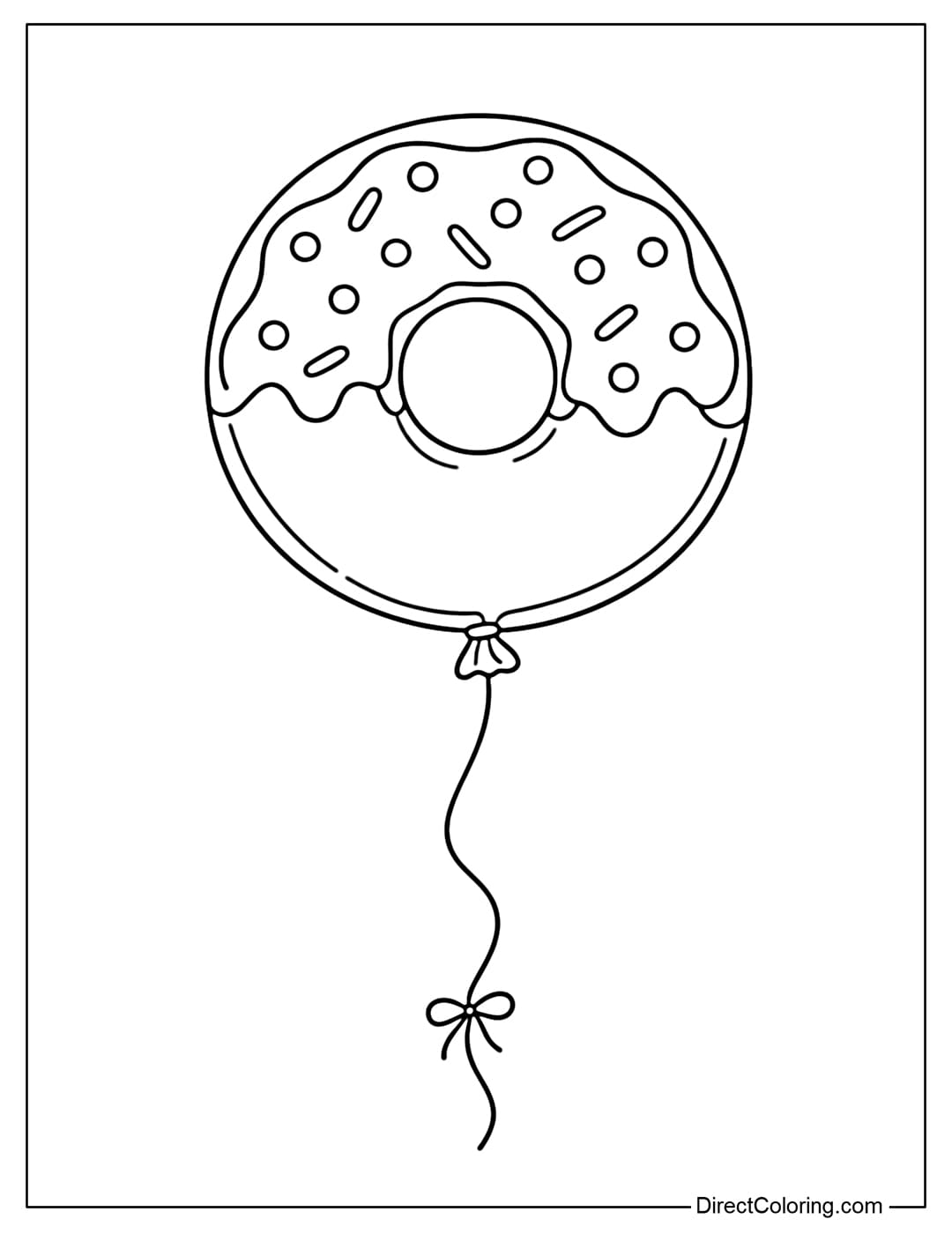 A coloring page featuring a balloon shaped like a round donut with a hole in the middle, covered with simple decorations such as dots or gentle curves.