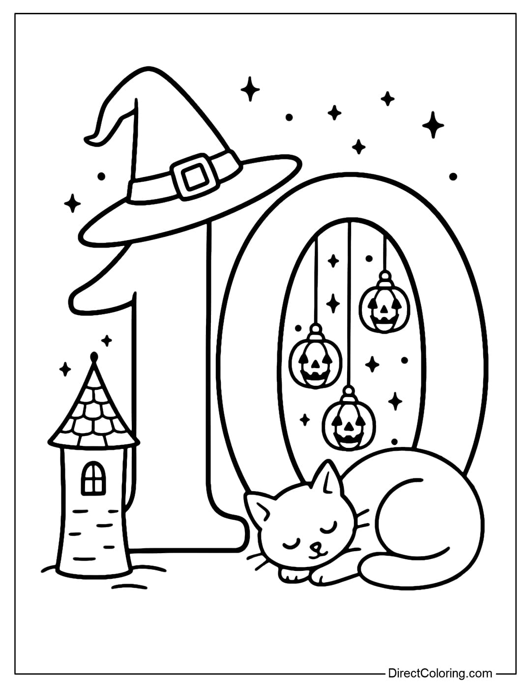 The Halloween number 10 coloring page has a small magic tower next to the number 1, above the tower is a giant witch's hat tilted slightly.