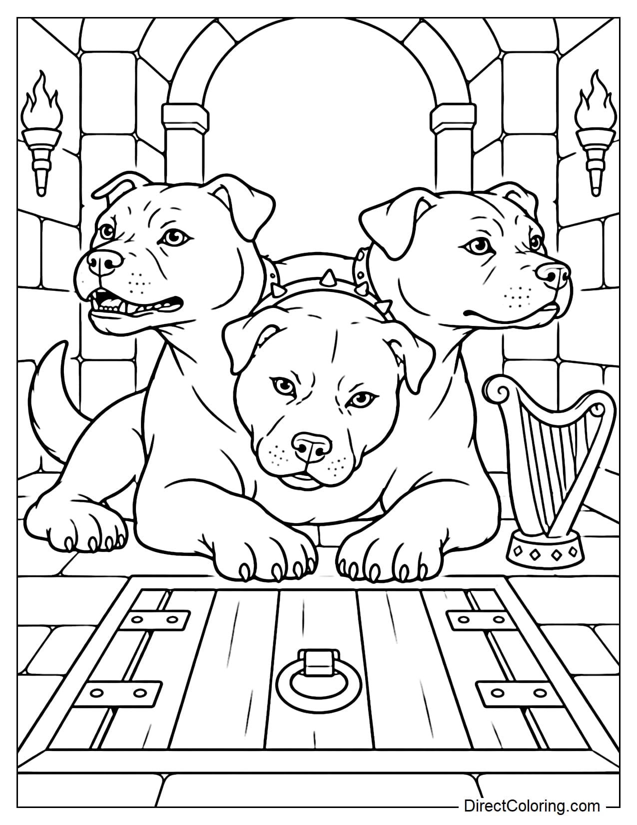 Fluffy, the giant three-headed dog, is lying in front of a wooden trapdoor, with each of its three heads showing a different expression.