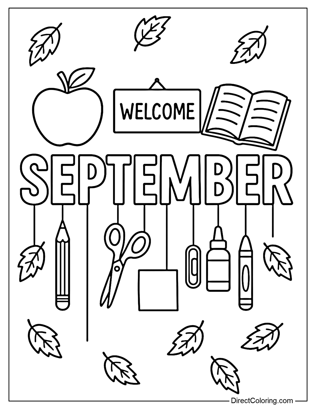 A September coloring page with a back-to-school style, large capital letters stand out in the middle of the picture. Each letter of the word September hangs down a school item.
