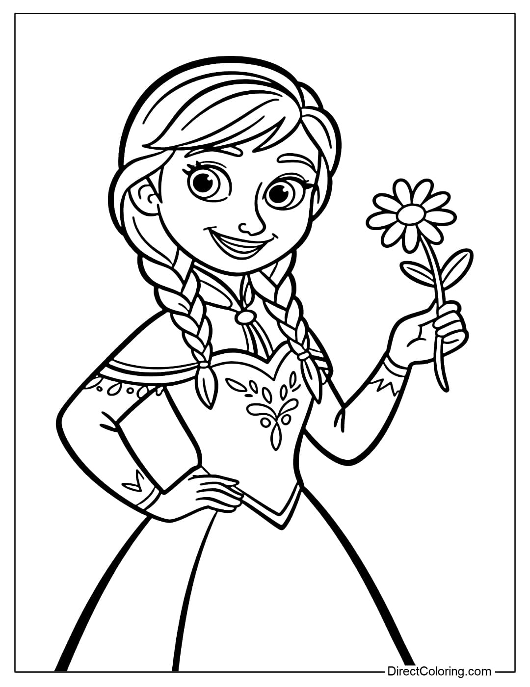 A coloring page of Princess Anna standing happily holding a simple flower.