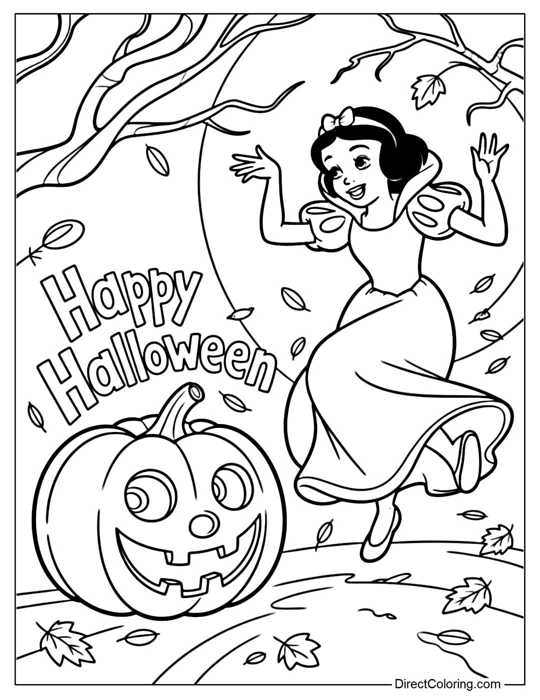 Snow White Halloween coloring page in a spooky forest.