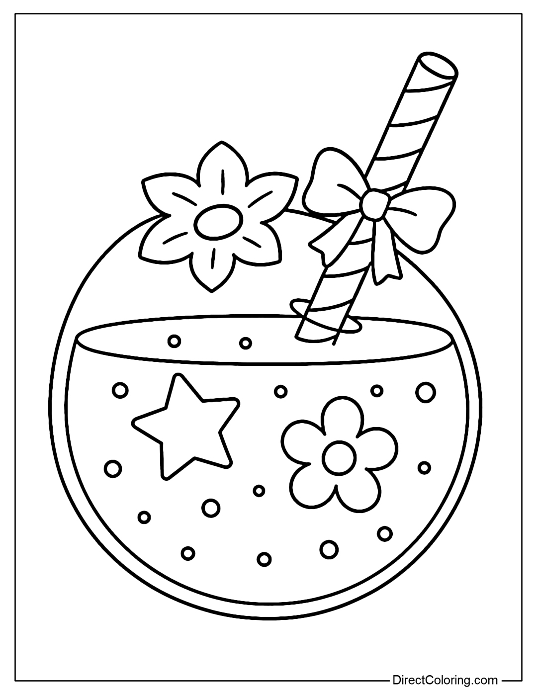 A large blueberry coloring page, with a small round hole in the middle of the top, a small straw with a bow. Inside is a star and a simple flower.