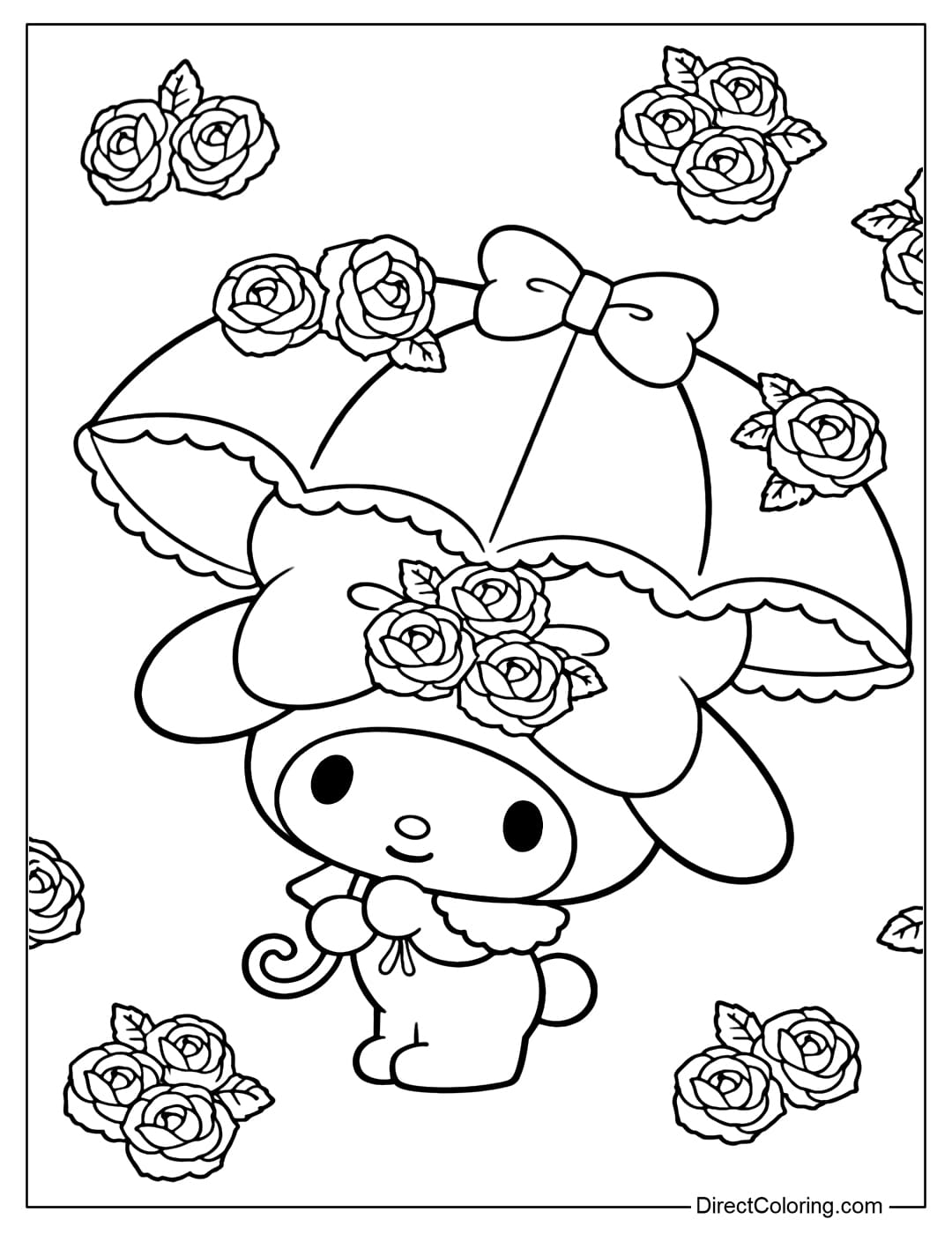My Melody is holding a pretty umbrella with a large bow on top. The umbrella is adorned with blooming roses.