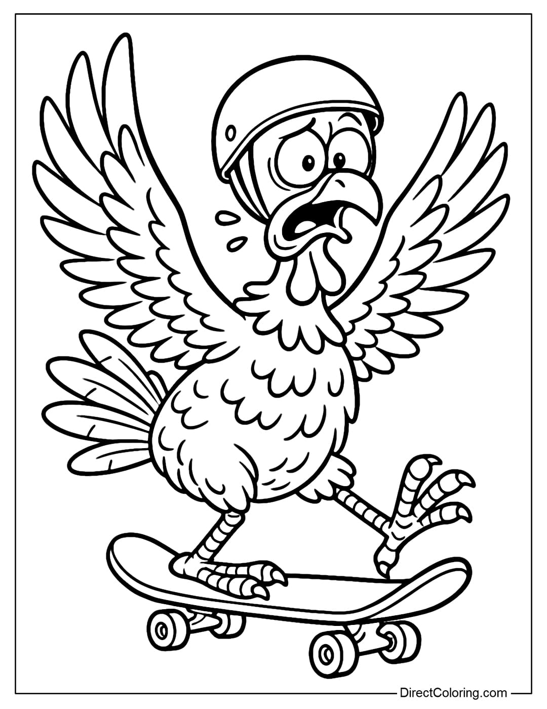 A turkey coloring page wearing a helmet, skateboarding is extremely cool, wings spread out to keep balance.