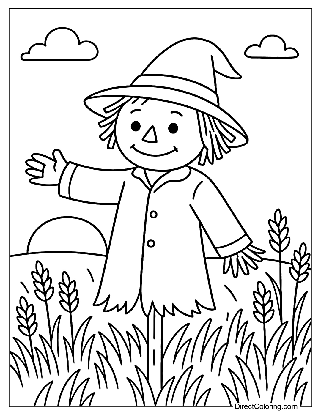 A scarecrow coloring page in the sunset, wearing a wide-brimmed hat, arms raised as if greeting, surrounded by a field of golden wheat.