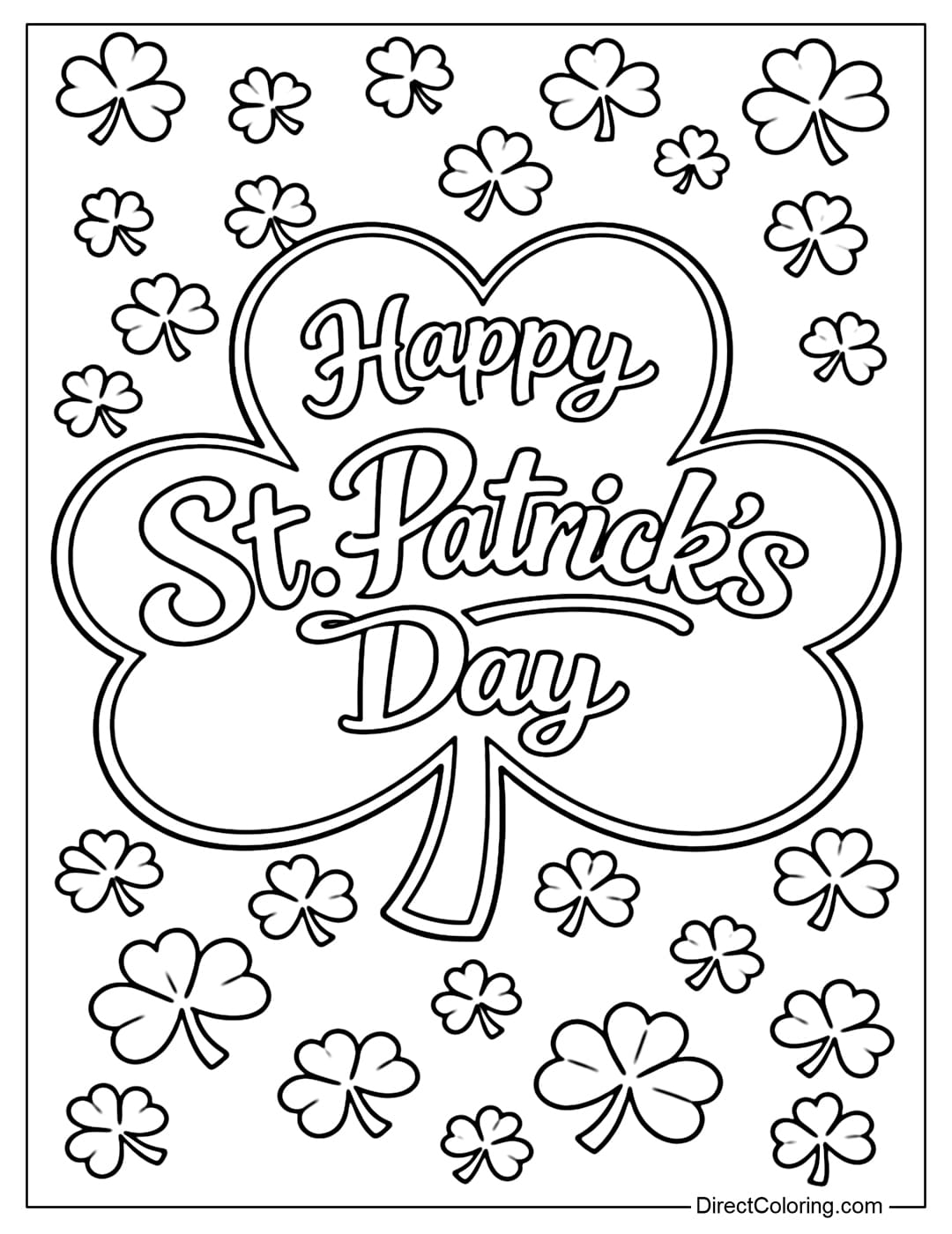 A coloring page for a giant shamrock with the words 